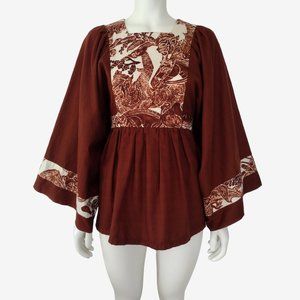 Vintage 1960s Brown Bohemian Fit and Flare Bell Sleeve Tunic Top Size S